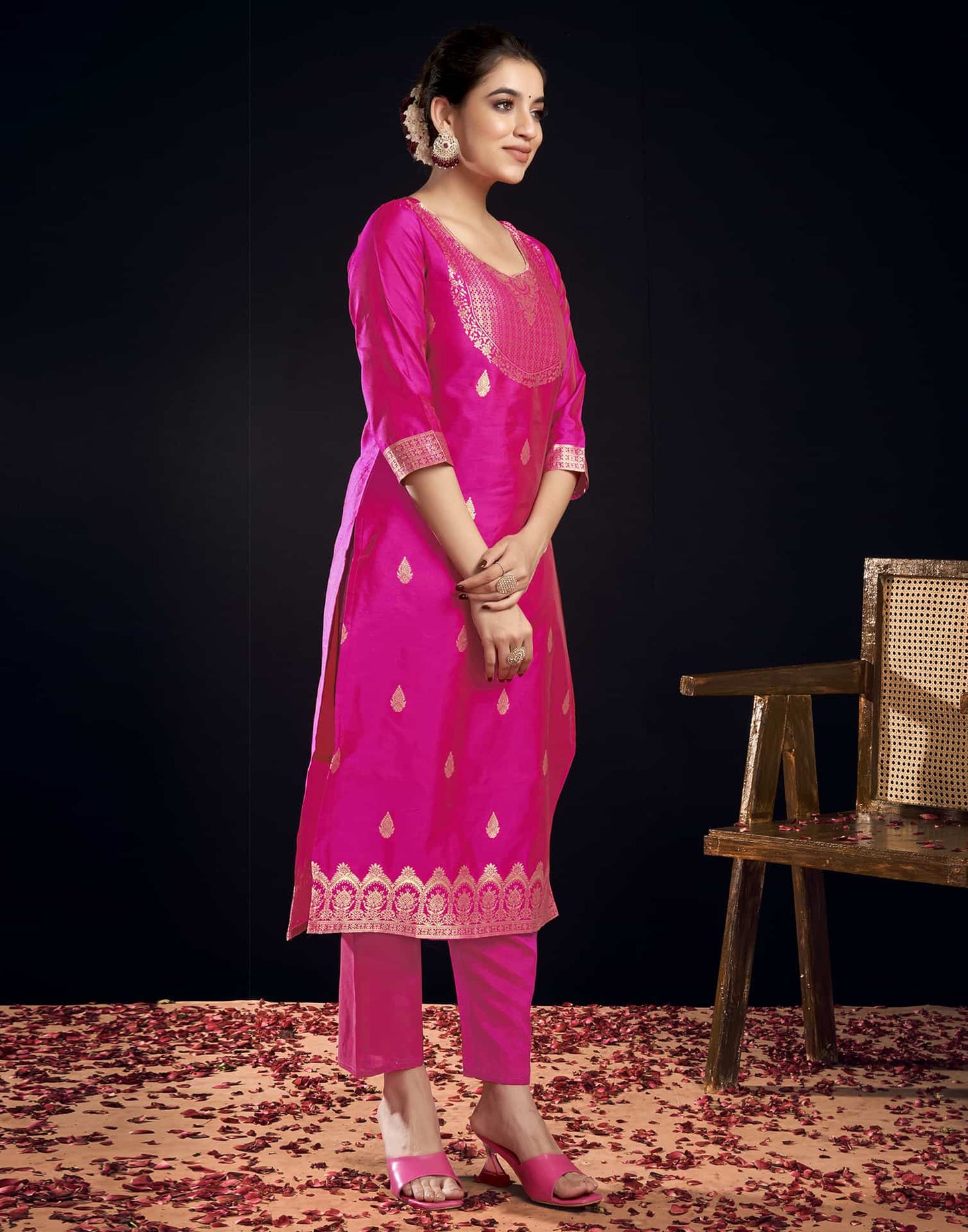 Silk Blend Jacquard Work Straight Kurta with Pant & Dupatta