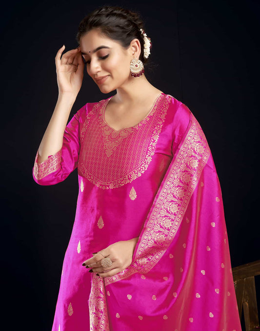 Silk Blend Jacquard Work Straight Kurta with Pant & Dupatta