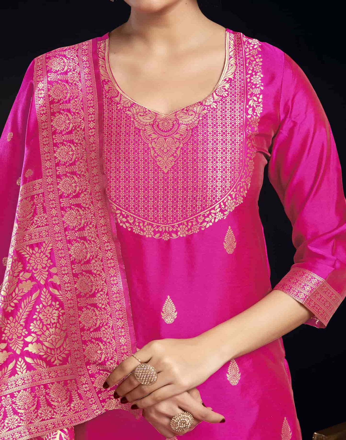 Silk Blend Jacquard Work Straight Kurta with Pant & Dupatta