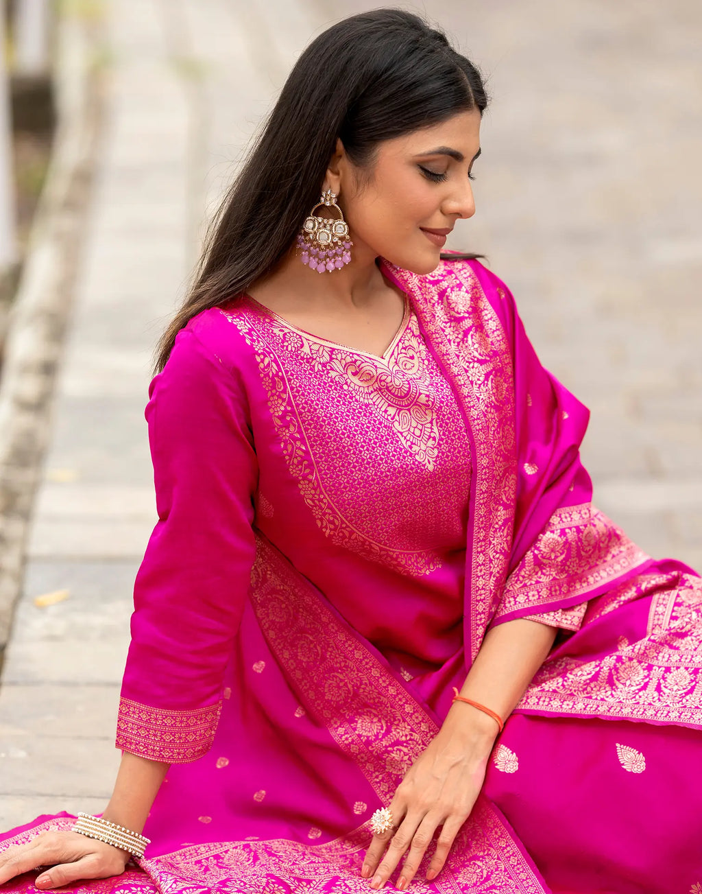 Silk Jacquard Woven Straight 3 Piece Kurta Set