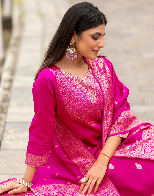 Silk Jacquard Woven Straight 3 Piece Kurta Set