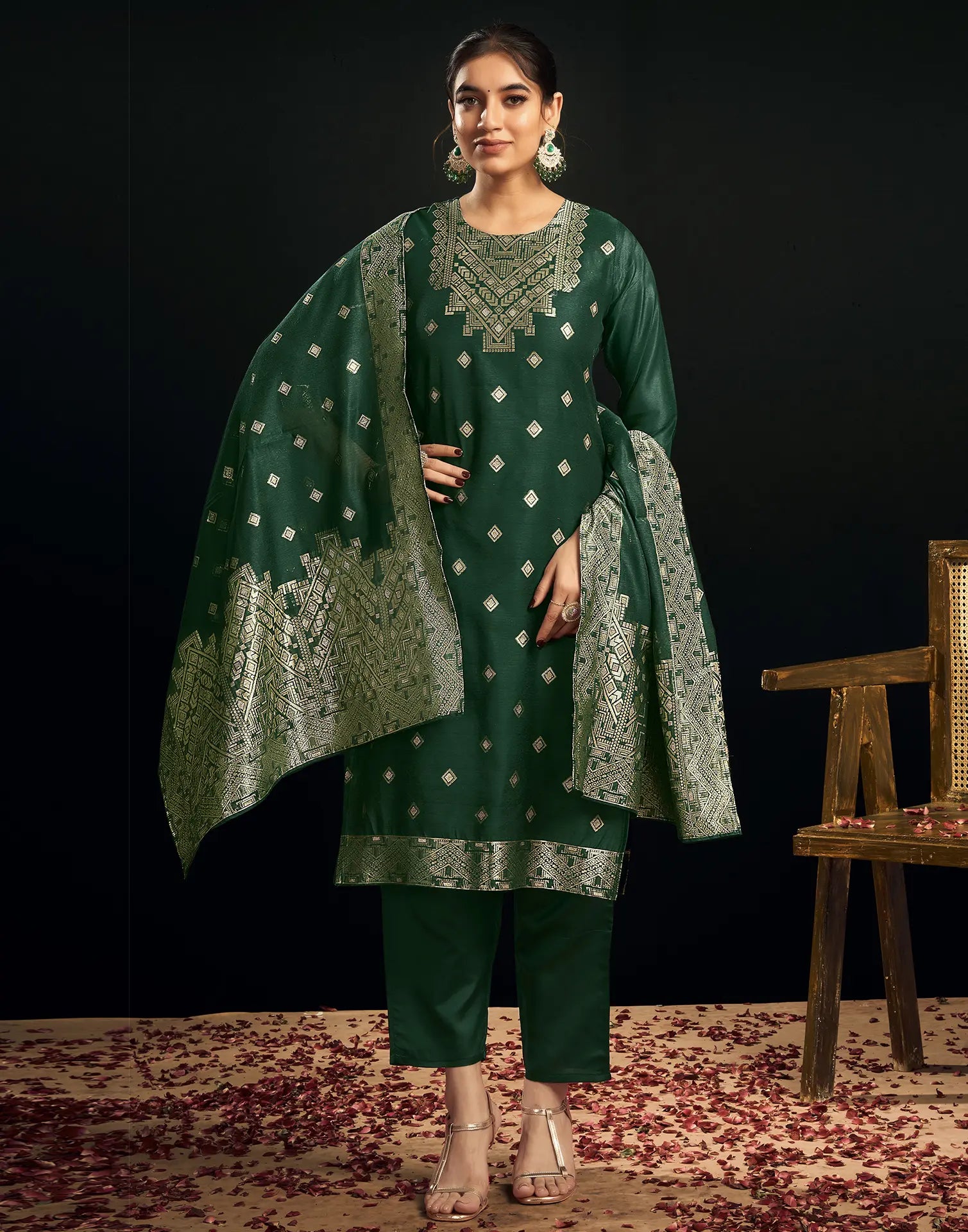 Silk Jacquard Woven Straight 3 Piece Kurta Set