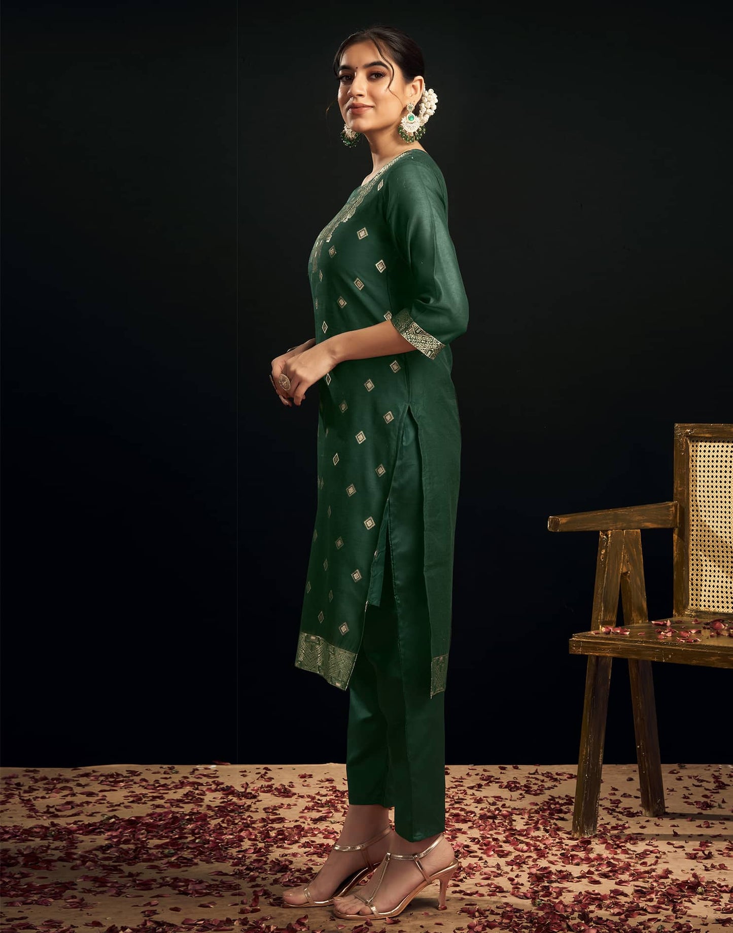 Silk Blend Jacquard Work Straight Kurta with Pant & Dupatta