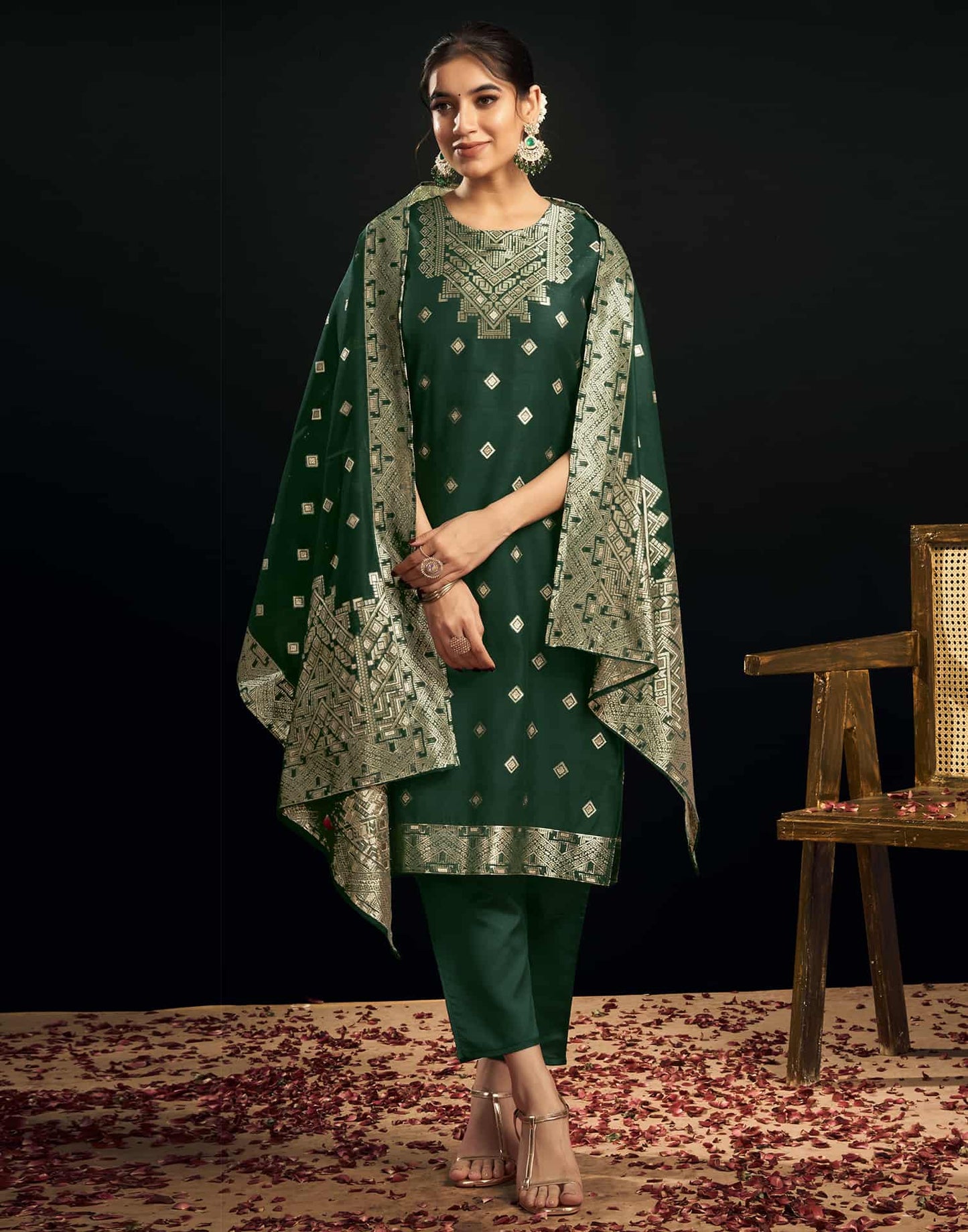 Silk Blend Jacquard Work Straight Kurta with Pant & Dupatta
