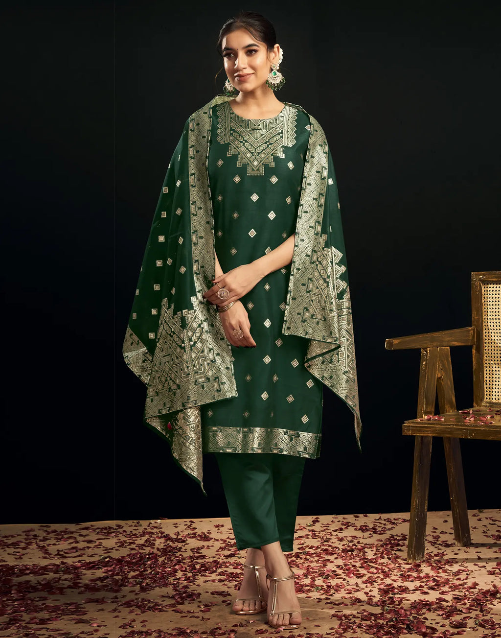 Silk Jacquard Woven Straight 3 Piece Kurta Set