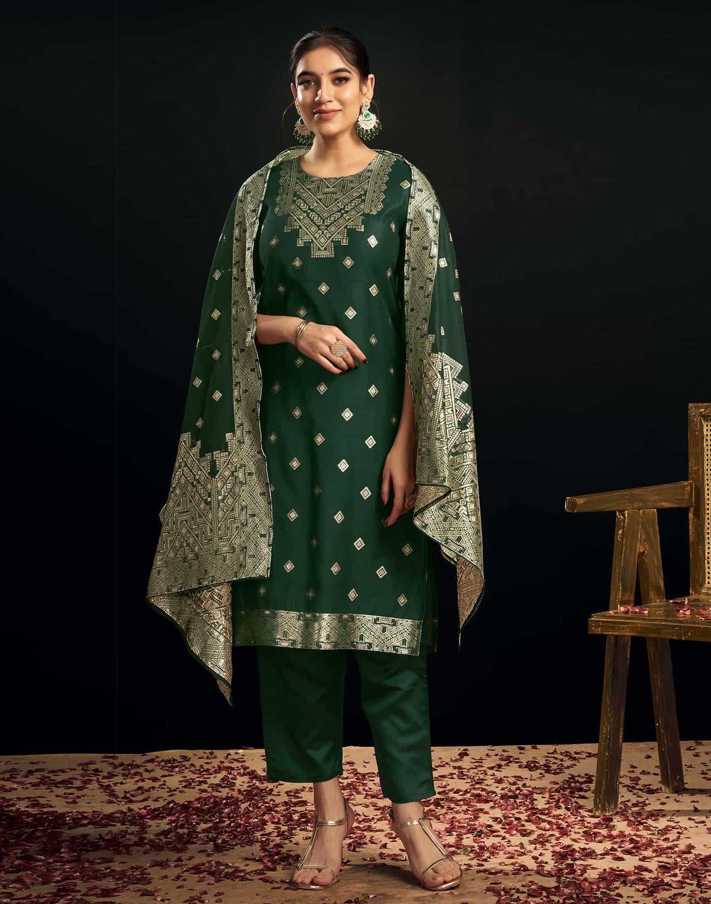 Silk Blend Jacquard Work Straight Kurta with Pant & Dupatta