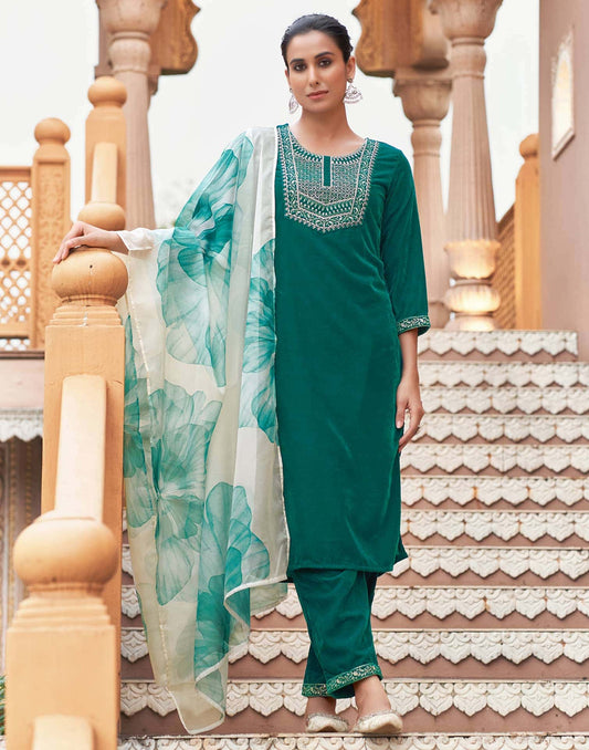 Velvet Dyed, Sequins, Embroidery and Lace Straight Kurta with Pant & Dupatta