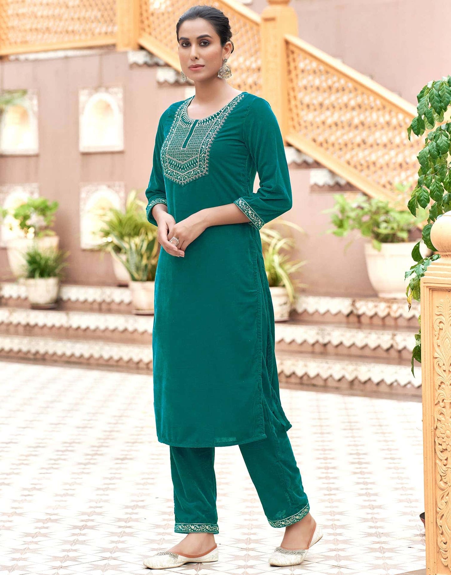 Velvet Dyed, Sequins, Embroidery and Lace Straight Kurta with Pant & Dupatta