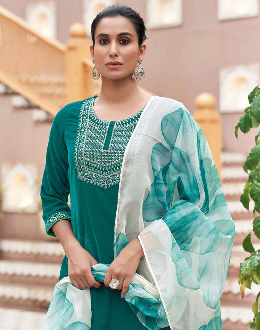 Velvet Dyed, Sequins, Embroidery and Lace Straight Kurta with Pant & Dupatta