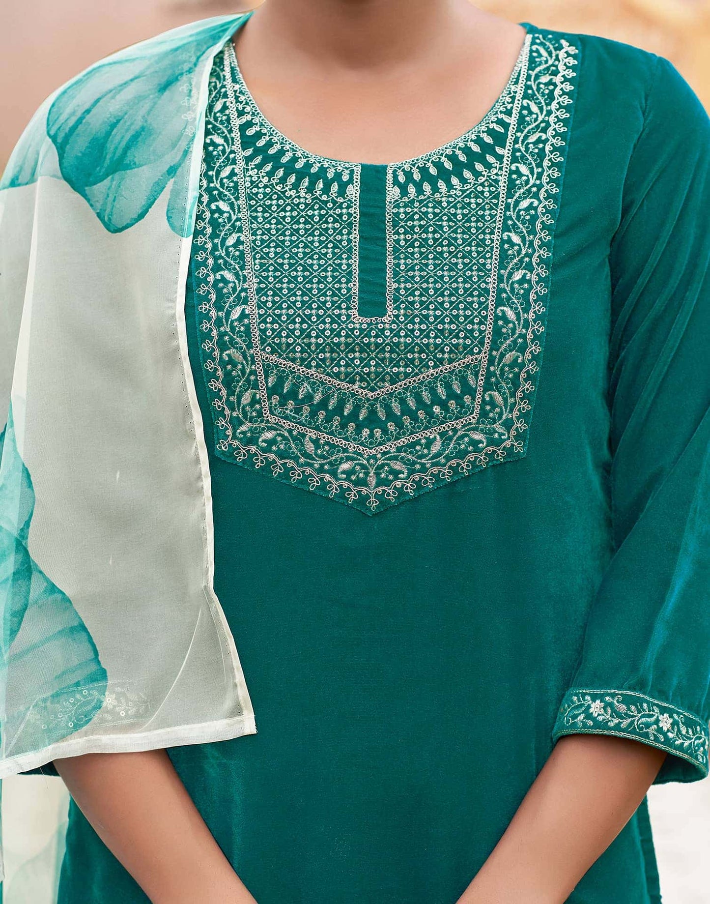 Velvet Dyed, Sequins, Embroidery and Lace Straight Kurta with Pant & Dupatta