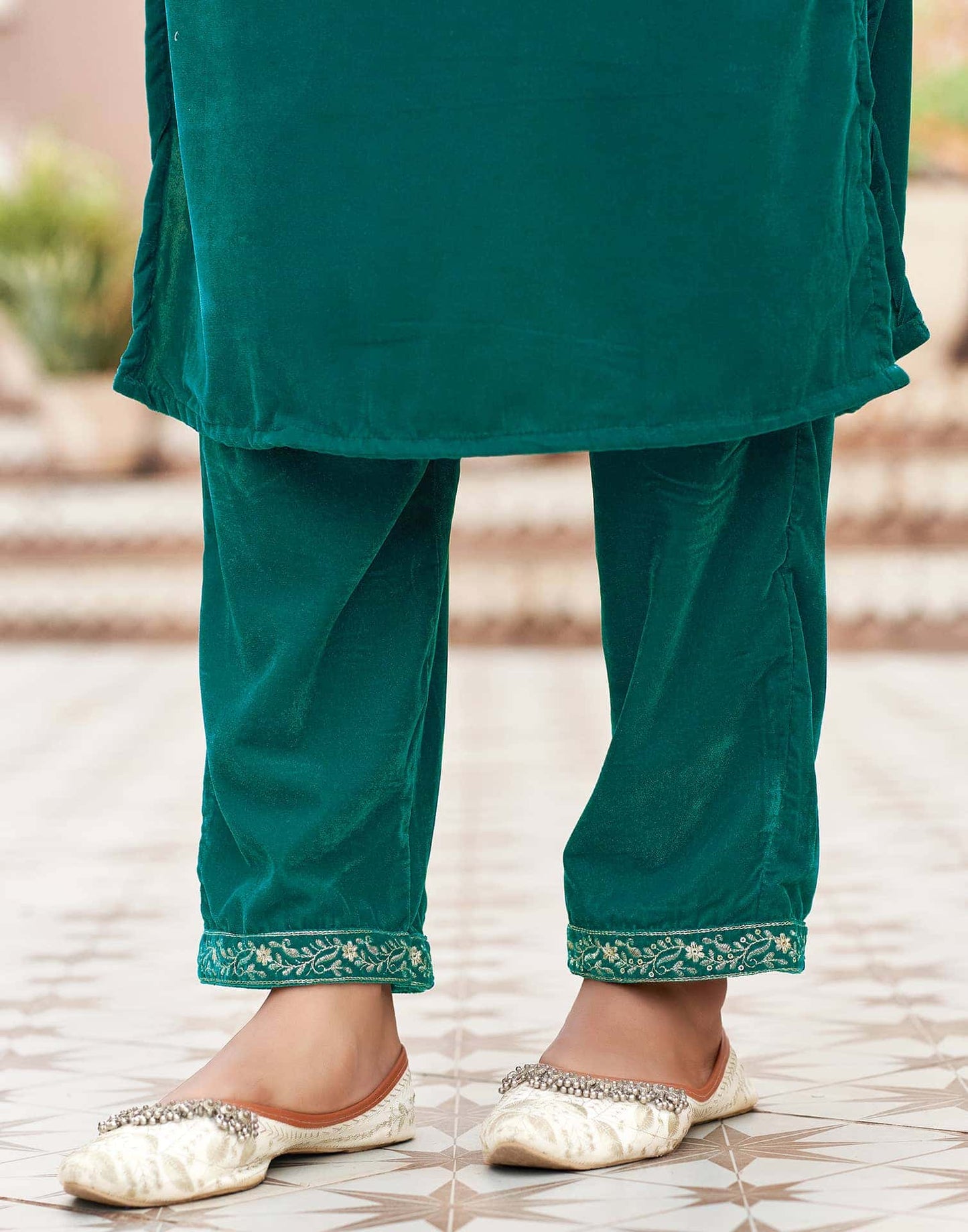 Velvet Dyed, Sequins, Embroidery and Lace Straight Kurta with Pant & Dupatta