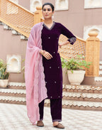 Velvet Embroidered Straight 3 Piece Kurta Set