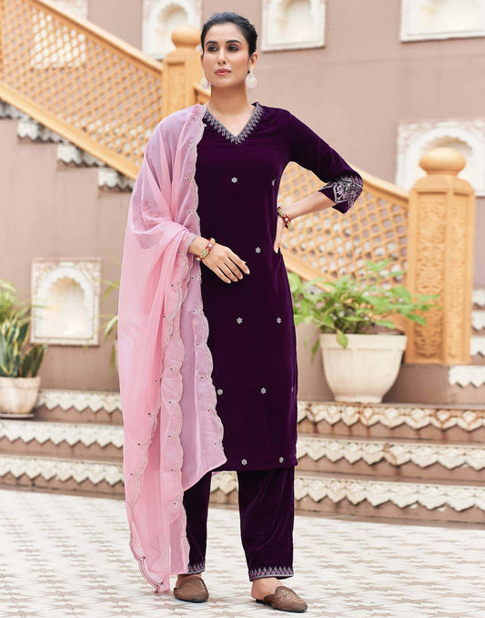 Velvet Dyed, Sequins, Embroidery and Lace Straight Kurta with Pant & Dupatta
