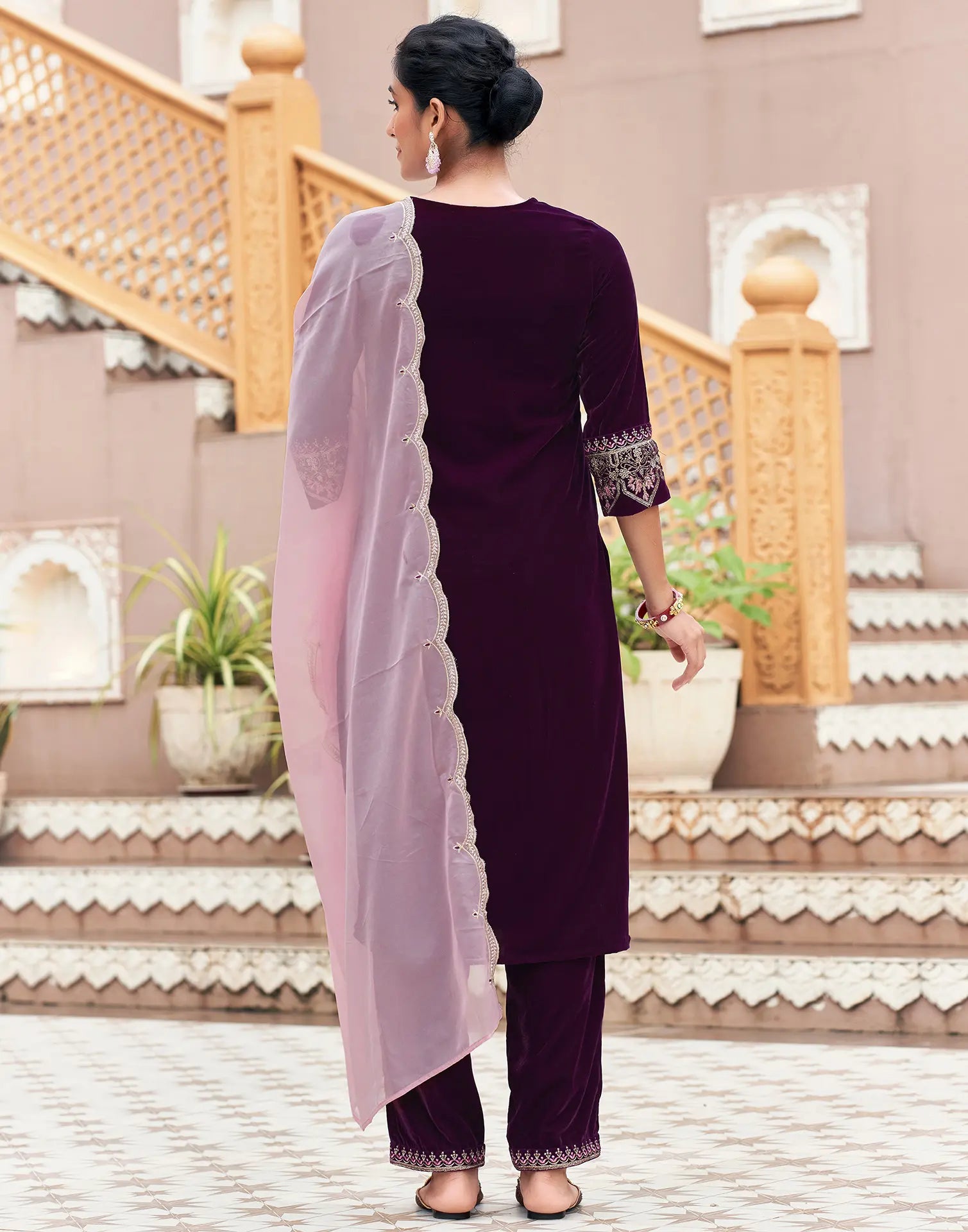 Velvet Embroidered Straight 3 Piece Kurta Set