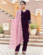 Velvet Embroidered Straight 3 Piece Kurta Set