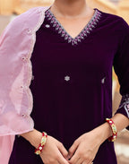 Velvet Embroidered Straight 3 Piece Kurta Set