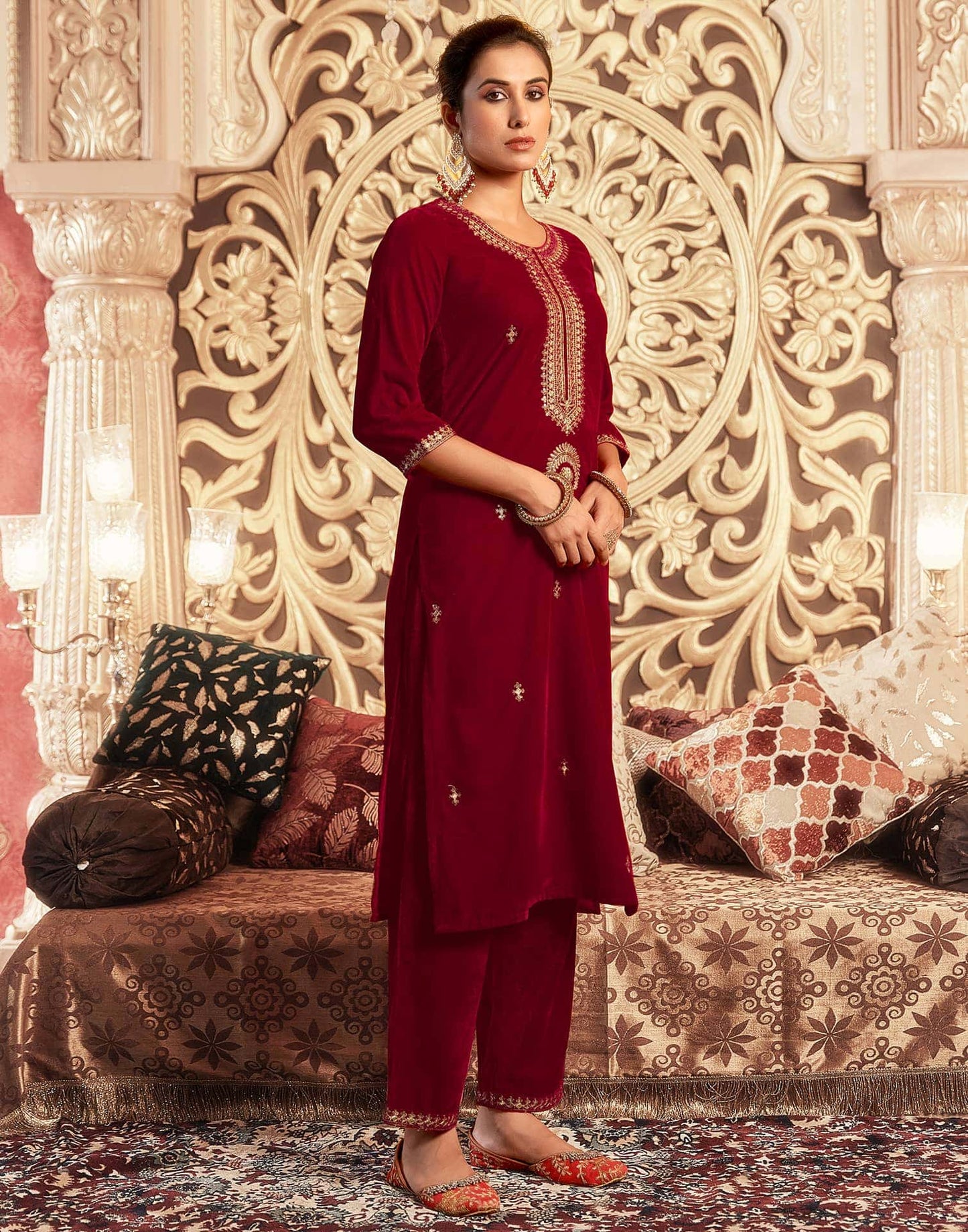 Velvet Sequins, Embroidery and Lace Straight Kurta with Pant & Dupatta