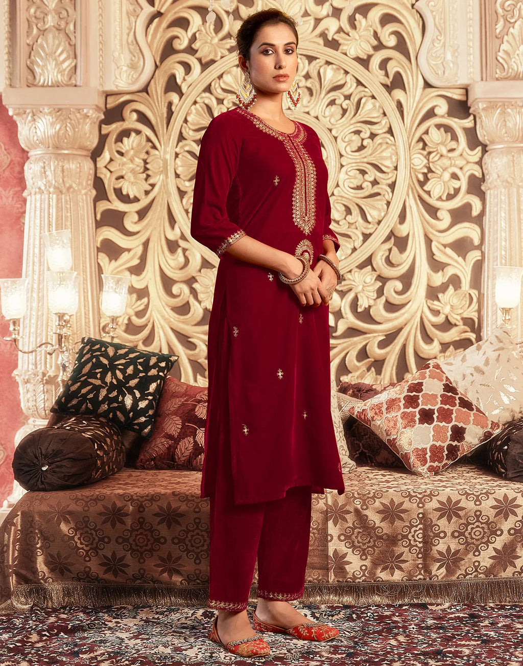 Velvet Embroidered Straight 3 Piece Kurta Set