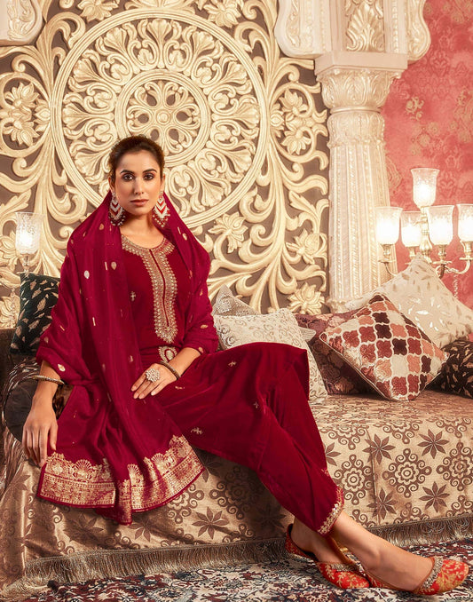 Velvet Sequins, Embroidery and Lace Straight Kurta with Pant & Dupatta