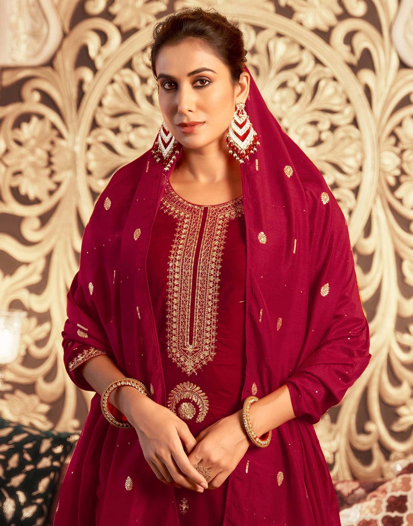 Velvet Sequins, Embroidery and Lace Straight Kurta with Pant & Dupatta