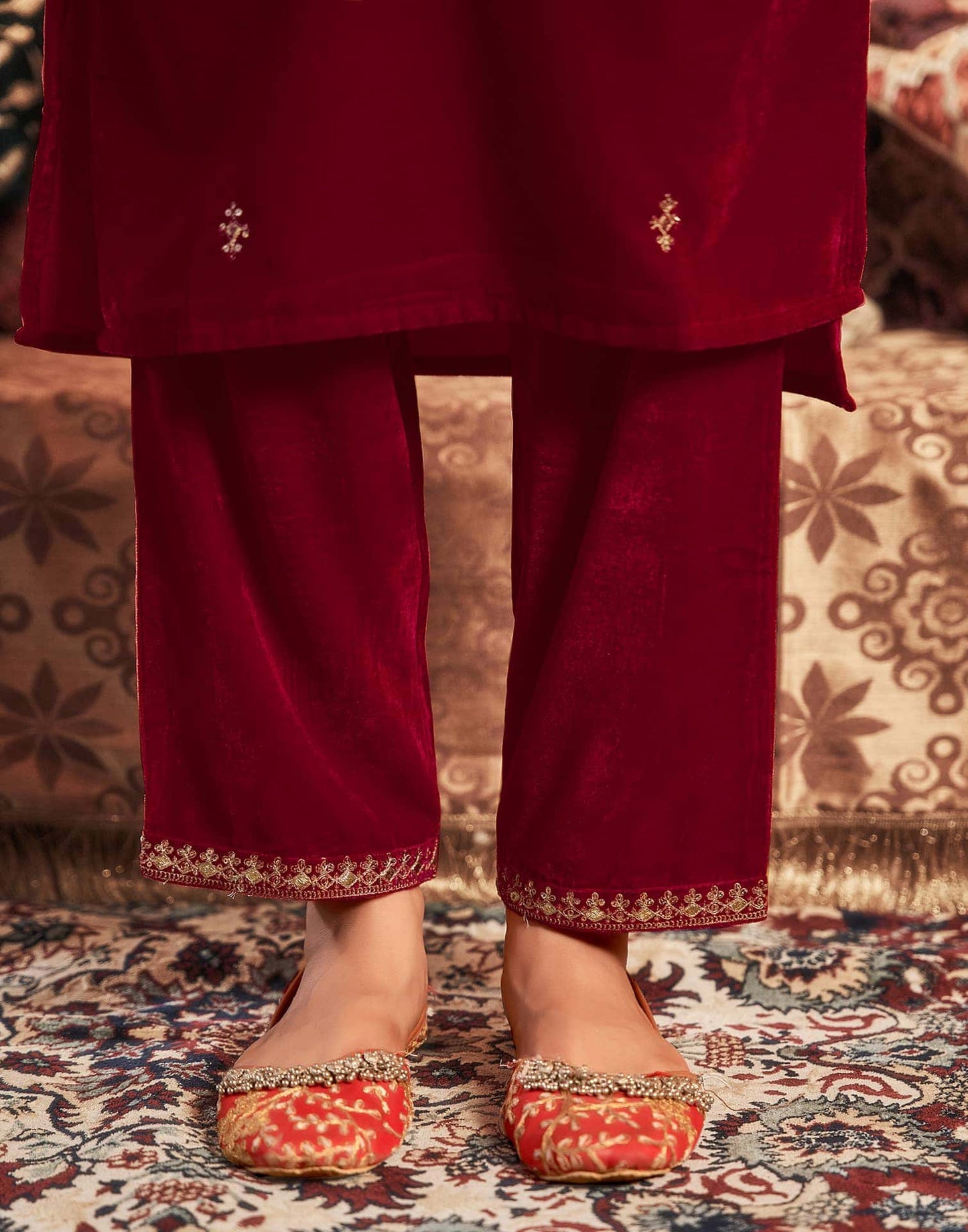 Velvet Sequins, Embroidery and Lace Straight Kurta with Pant & Dupatta