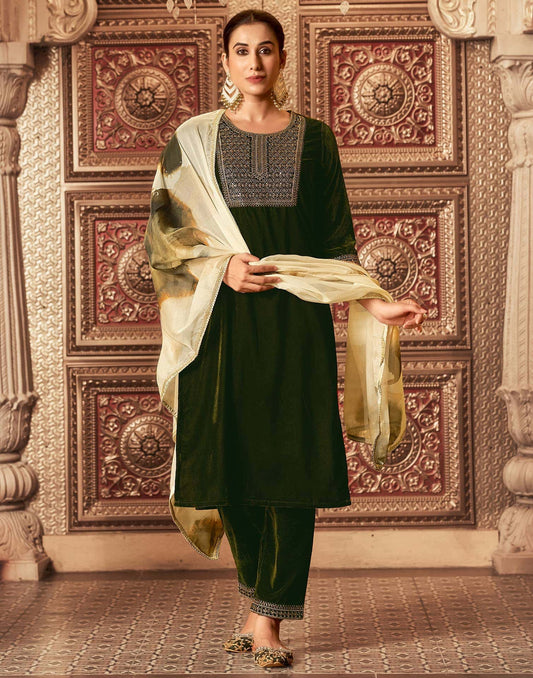 Velvet Sequins, Embroidery and Lace Straight Kurta with Pant & Dupatta