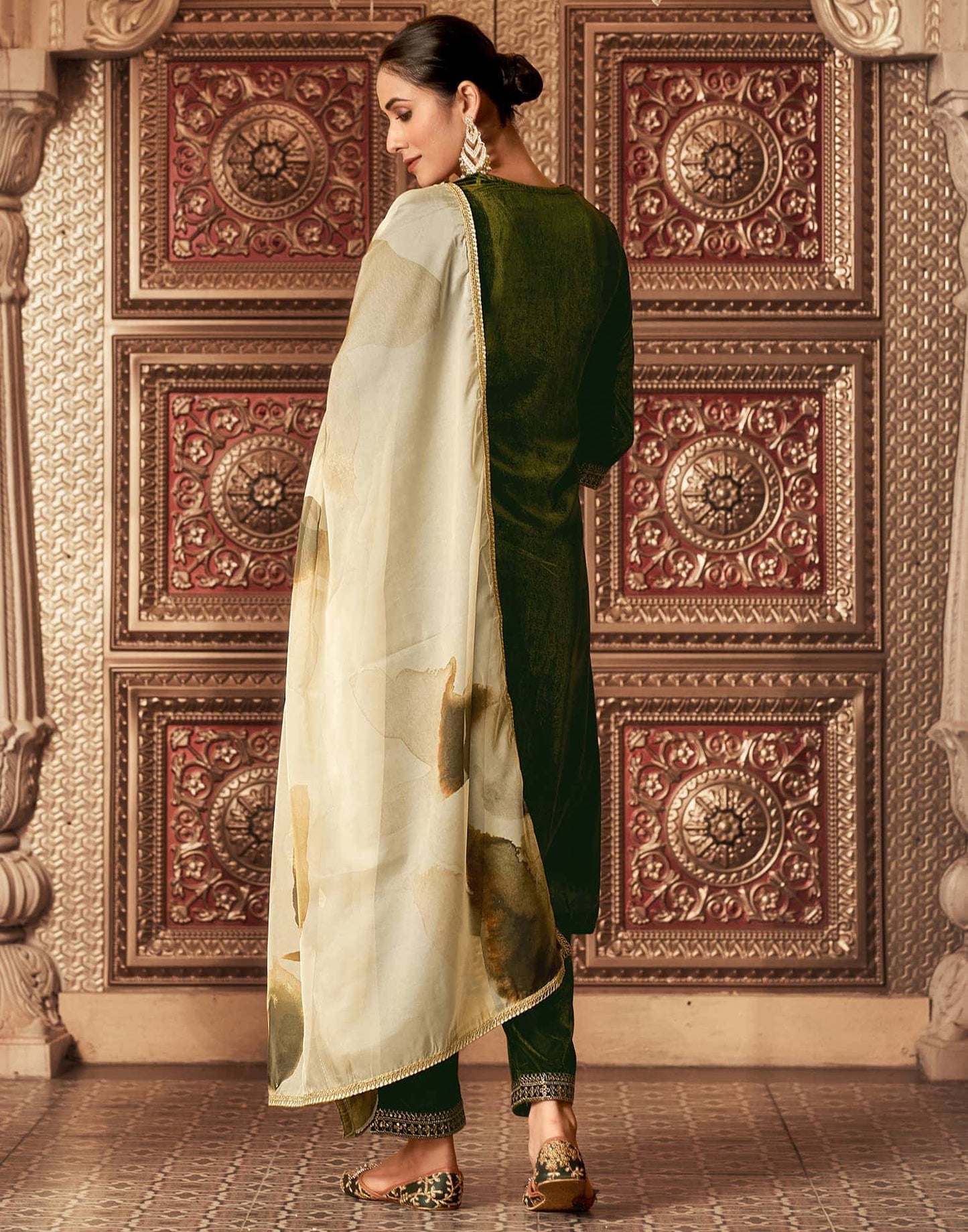 Velvet Sequins, Embroidery and Lace Straight Kurta with Pant & Dupatta