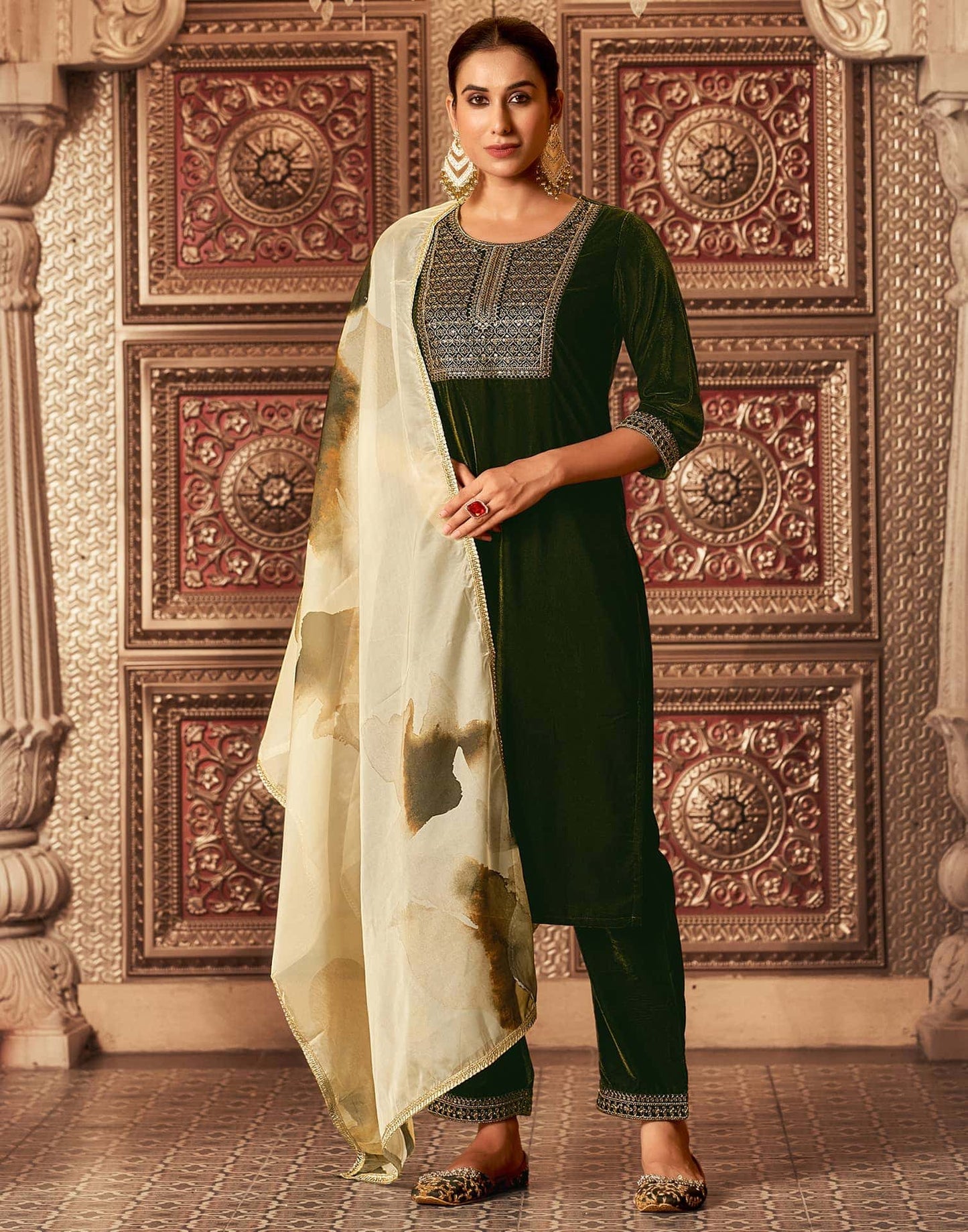 Velvet Sequins, Embroidery and Lace Straight Kurta with Pant & Dupatta