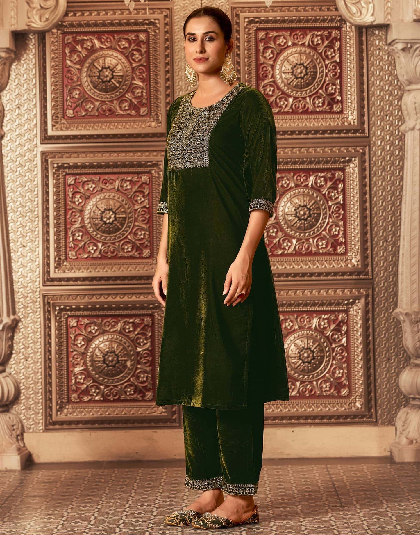 Velvet Sequins, Embroidery and Lace Straight Kurta with Pant & Dupatta