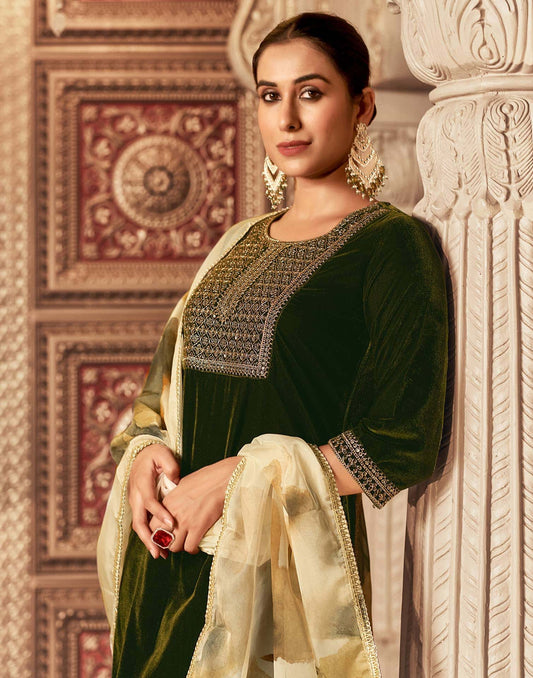 Velvet Sequins, Embroidery and Lace Straight Kurta with Pant & Dupatta