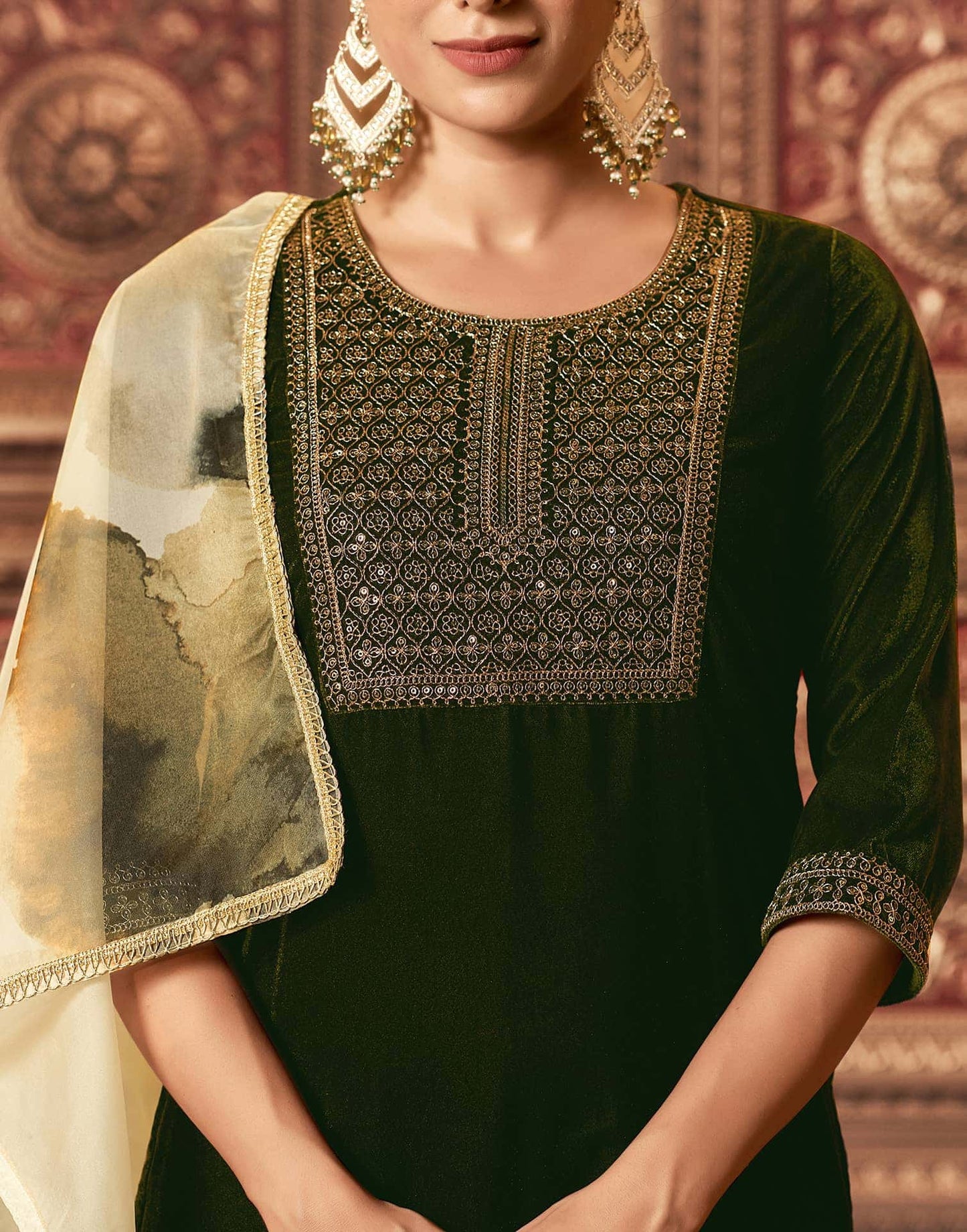 Velvet Sequins, Embroidery and Lace Straight Kurta with Pant & Dupatta
