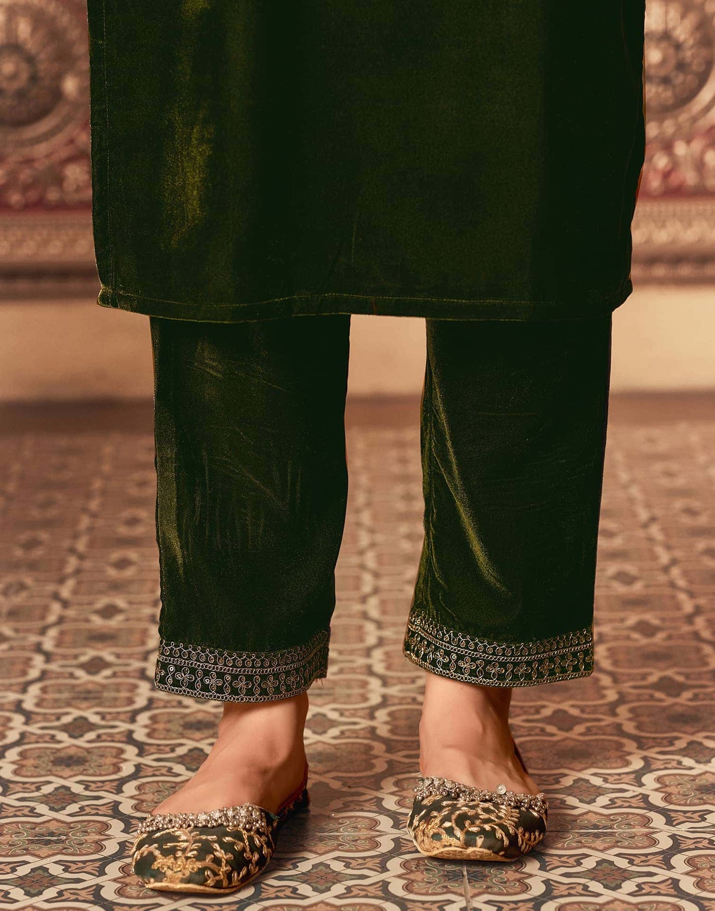 Velvet Sequins, Embroidery and Lace Straight Kurta with Pant & Dupatta