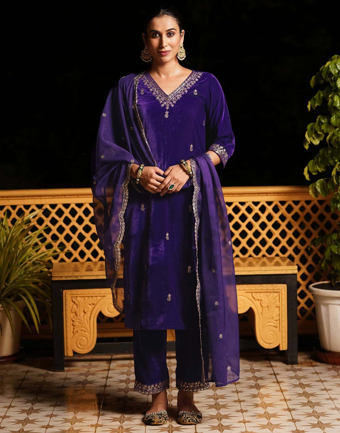 Velvet Sequins, Embroidery and Lace Straight Kurta with Pant & Dupatta