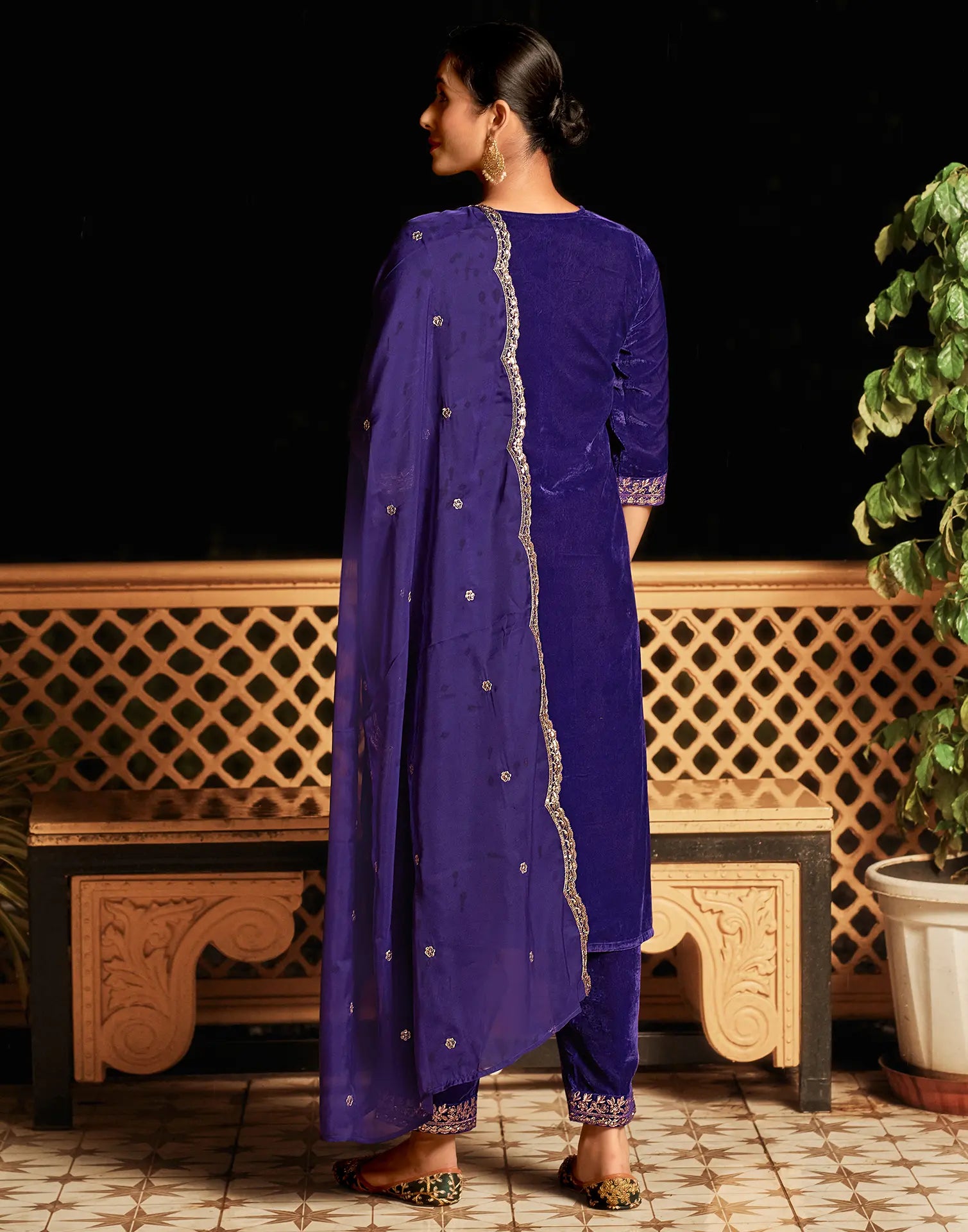Velvet Embroidered Straight 3 Piece Kurta Set