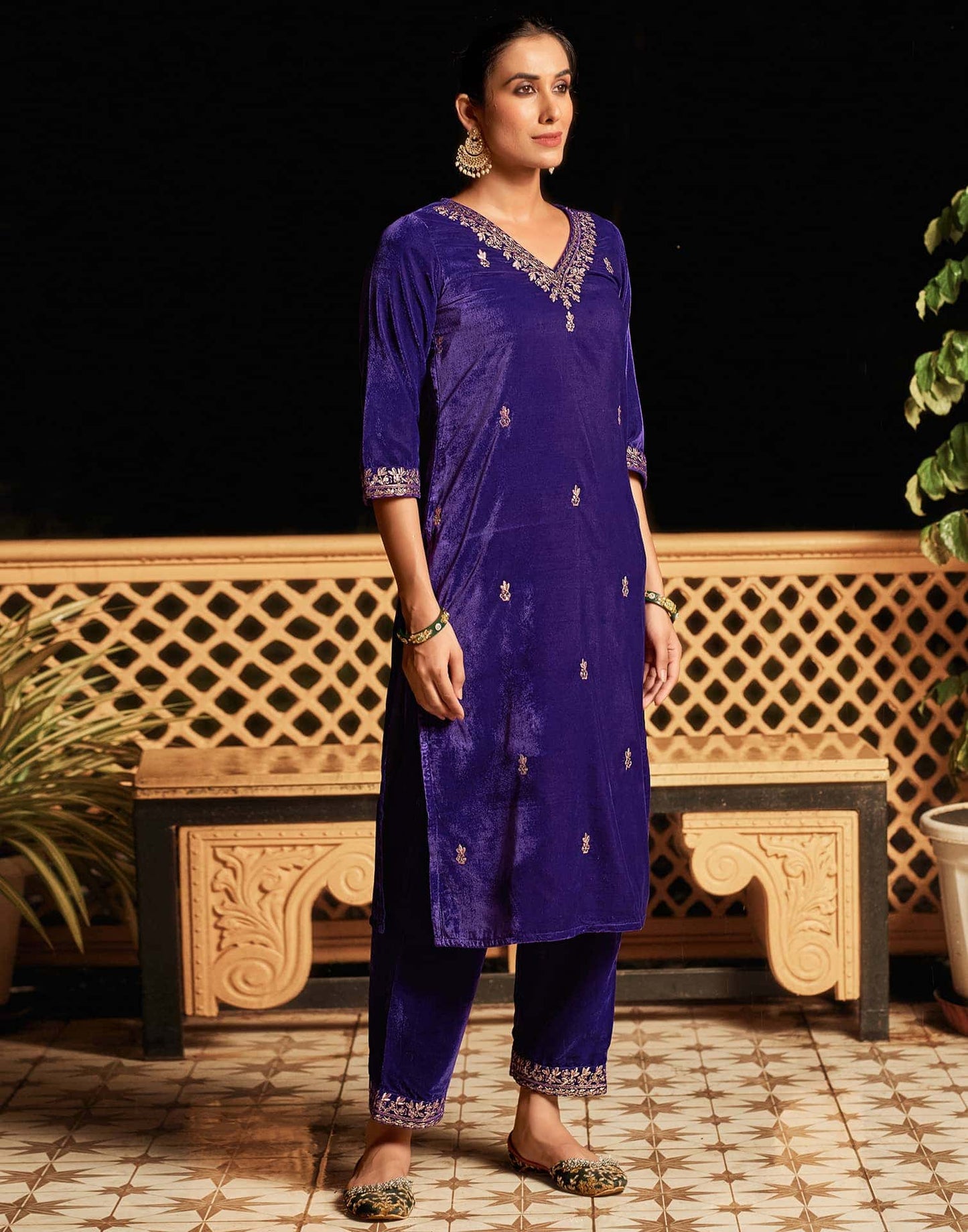Velvet Sequins, Embroidery and Lace Straight Kurta with Pant & Dupatta