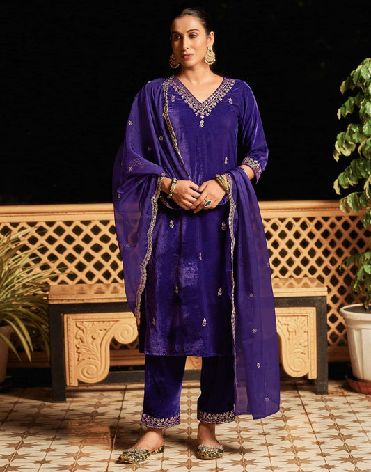 Velvet Sequins, Embroidery and Lace Straight Kurta with Pant & Dupatta