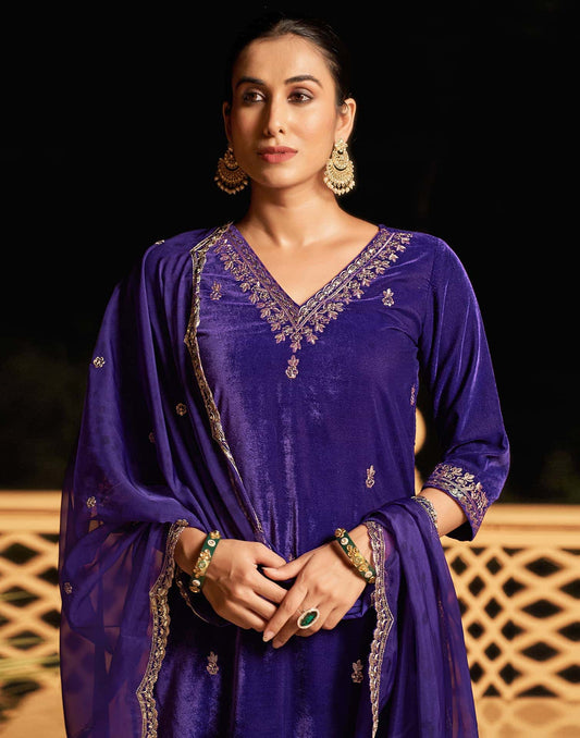 Velvet Sequins, Embroidery and Lace Straight Kurta with Pant & Dupatta