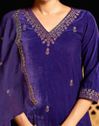 Velvet Embroidered Straight 3 Piece Kurta Set