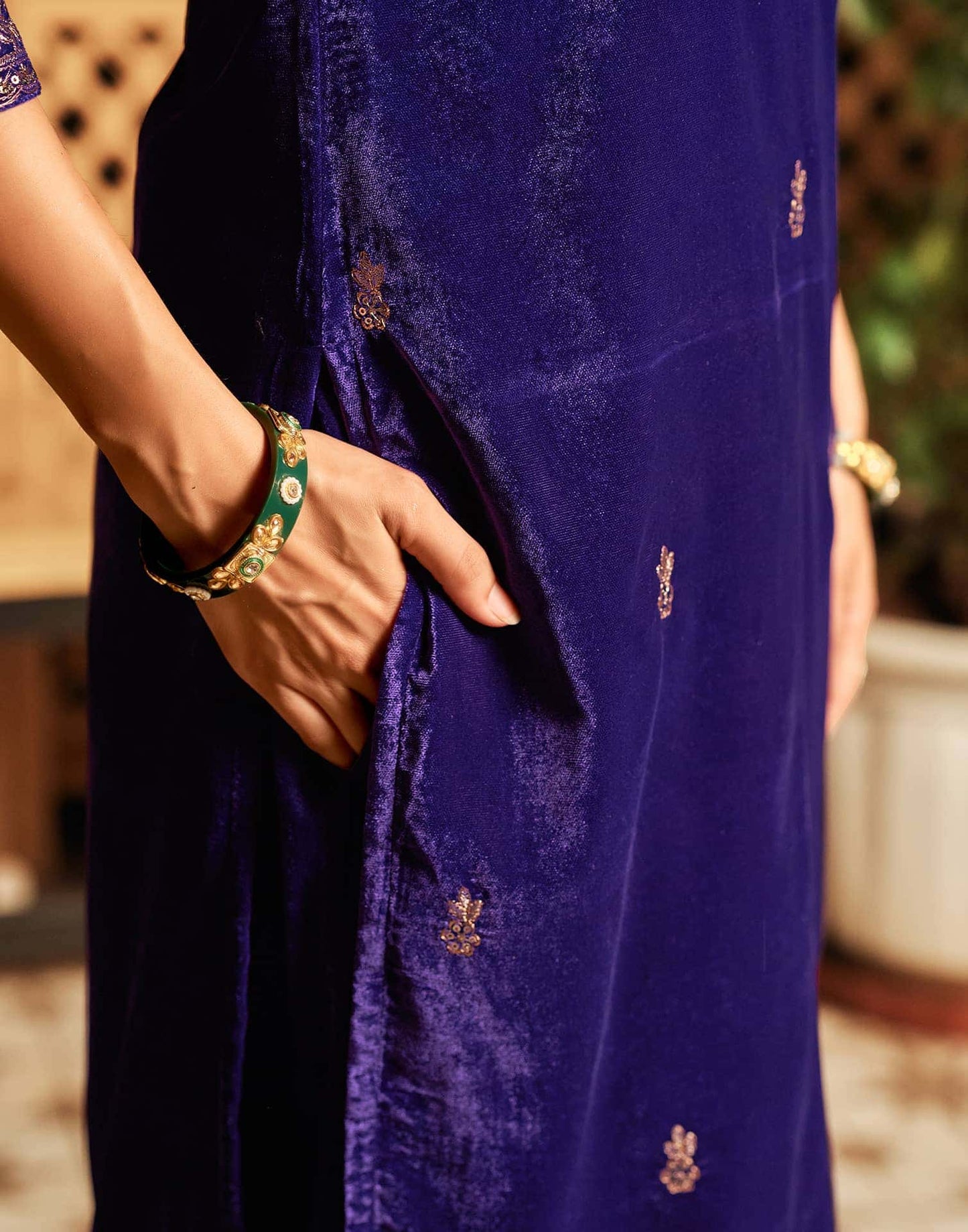 Velvet Sequins, Embroidery and Lace Straight Kurta with Pant & Dupatta