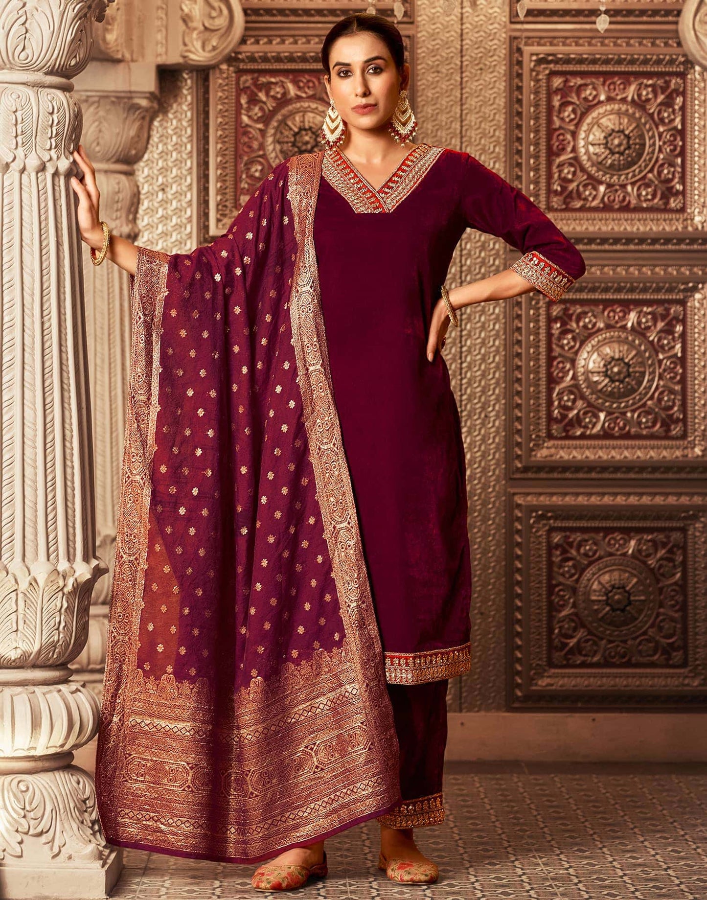 Velvet Dyed, Sequins, Embroidery and Lace Straight Kurta with Pant & Dupatta
