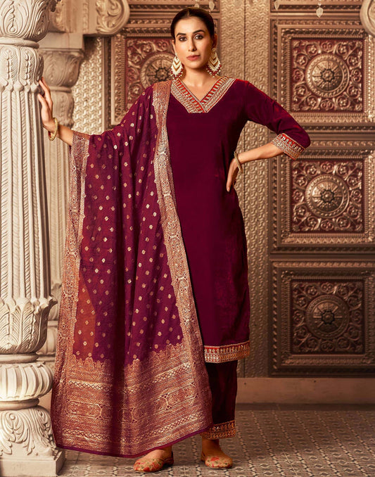 Velvet Dyed, Sequins, Embroidery and Lace Straight Kurta with Pant & Dupatta