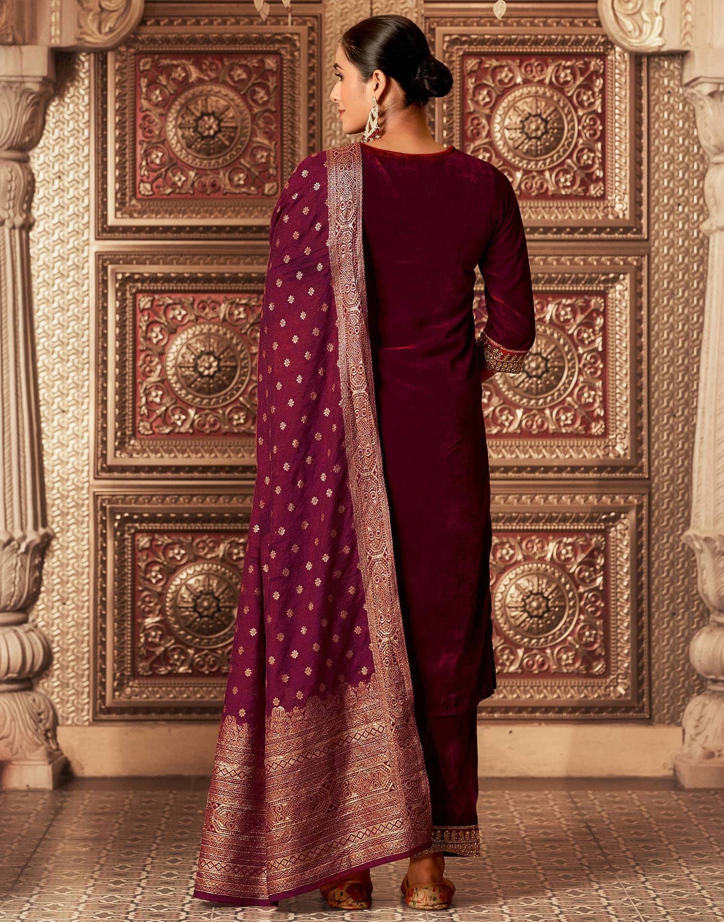 Velvet Dyed, Sequins, Embroidery and Lace Straight Kurta with Pant & Dupatta