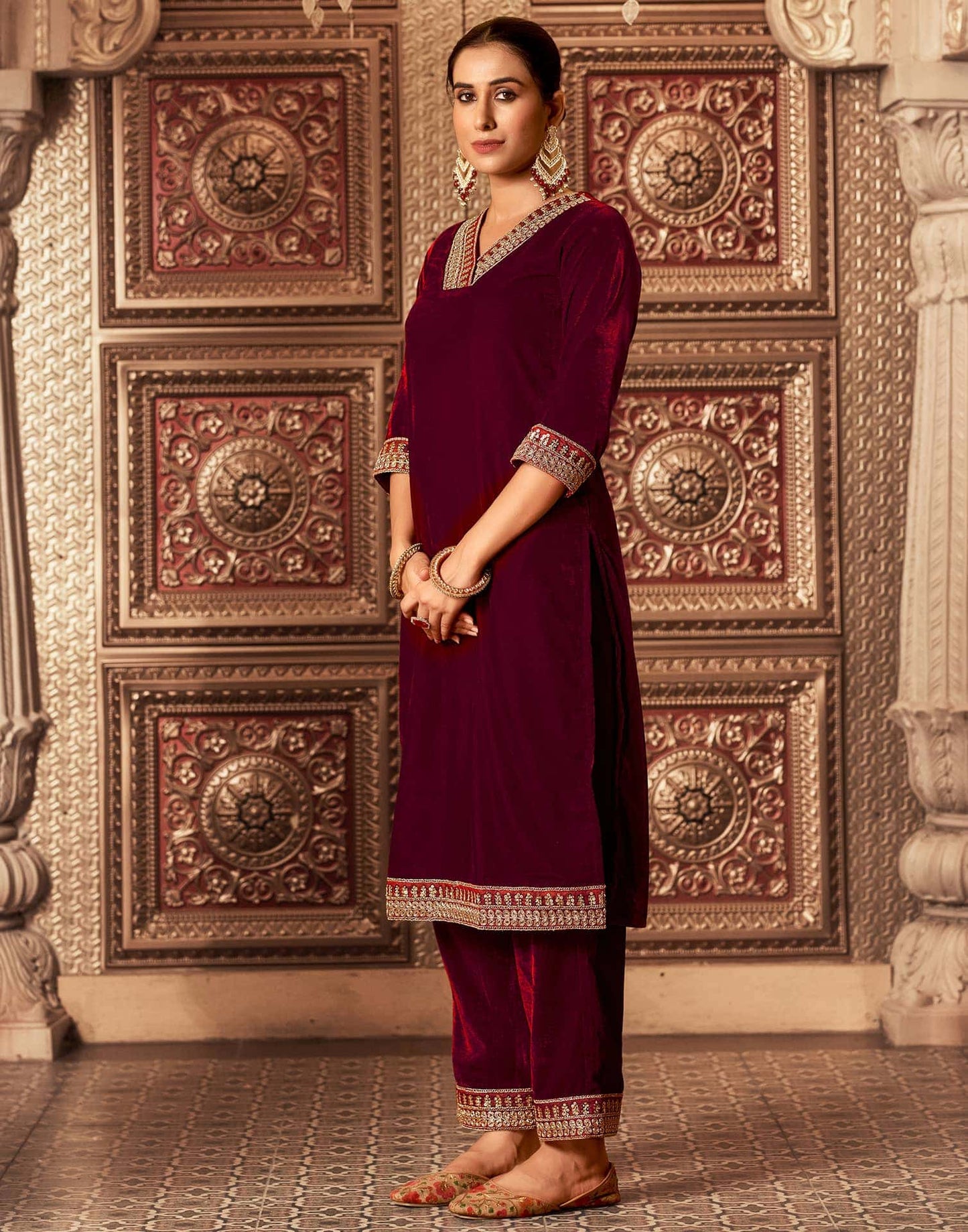 Velvet Dyed, Sequins, Embroidery and Lace Straight Kurta with Pant & Dupatta