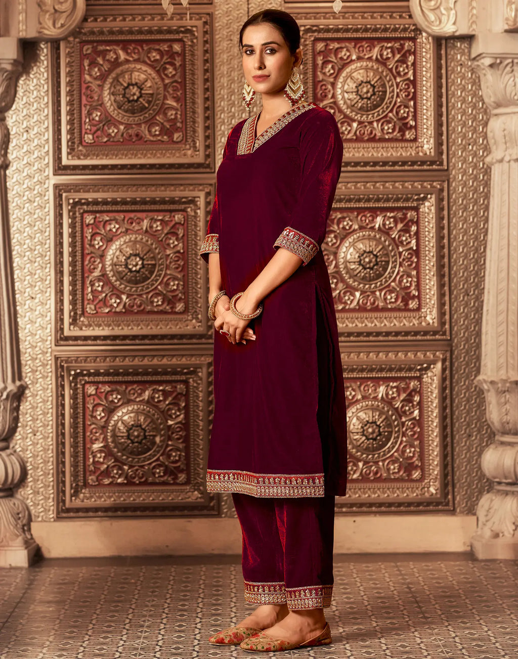 Velvet Embroidered Straight 3 Piece Kurta Set