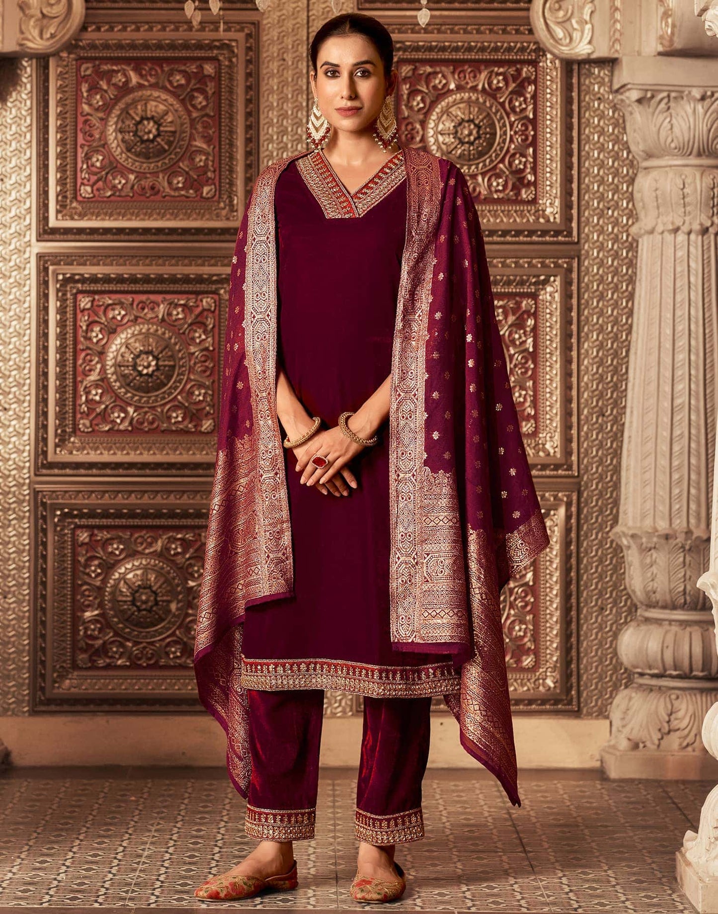 Velvet Dyed, Sequins, Embroidery and Lace Straight Kurta with Pant & Dupatta
