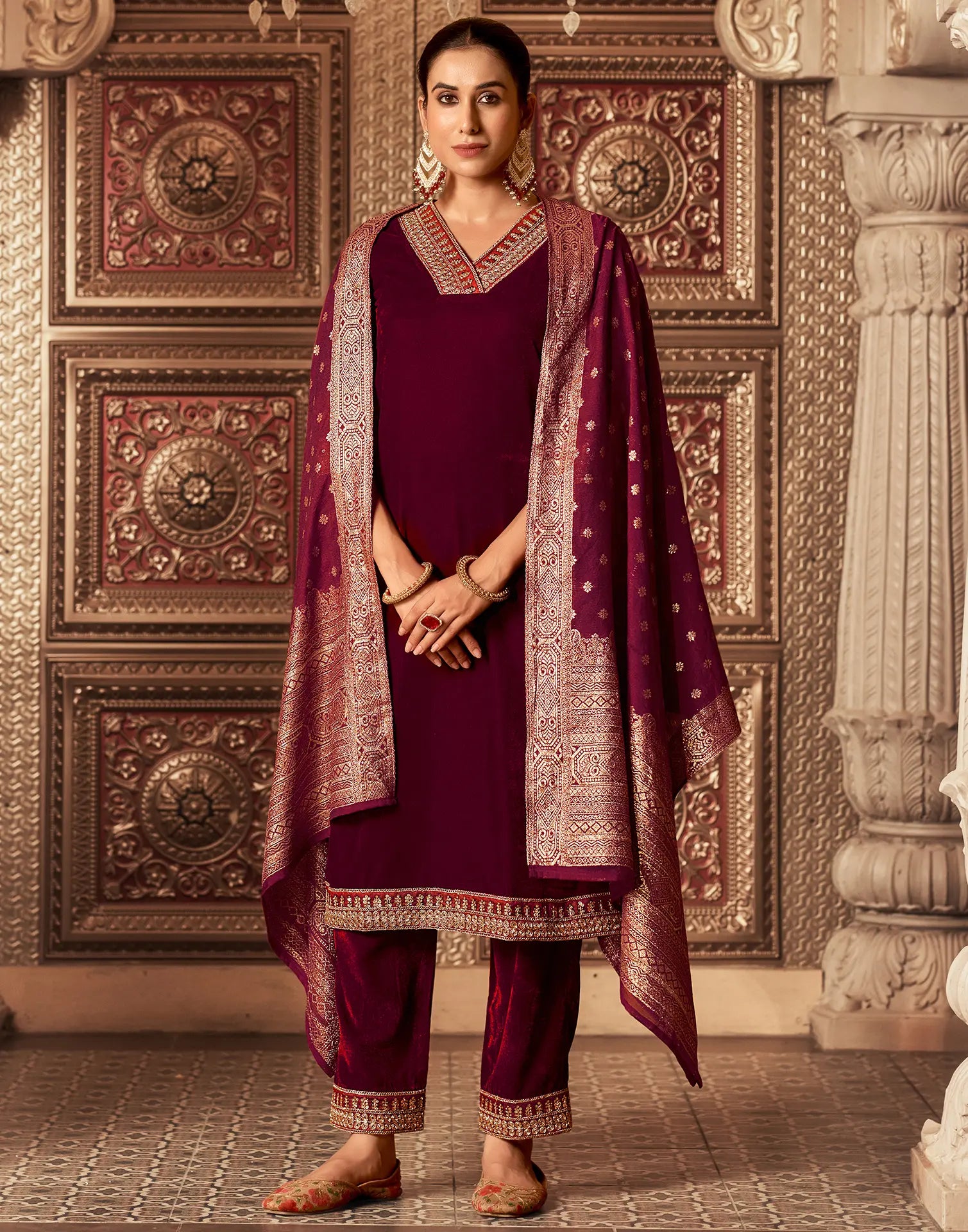 Velvet Embroidered Straight 3 Piece Kurta Set