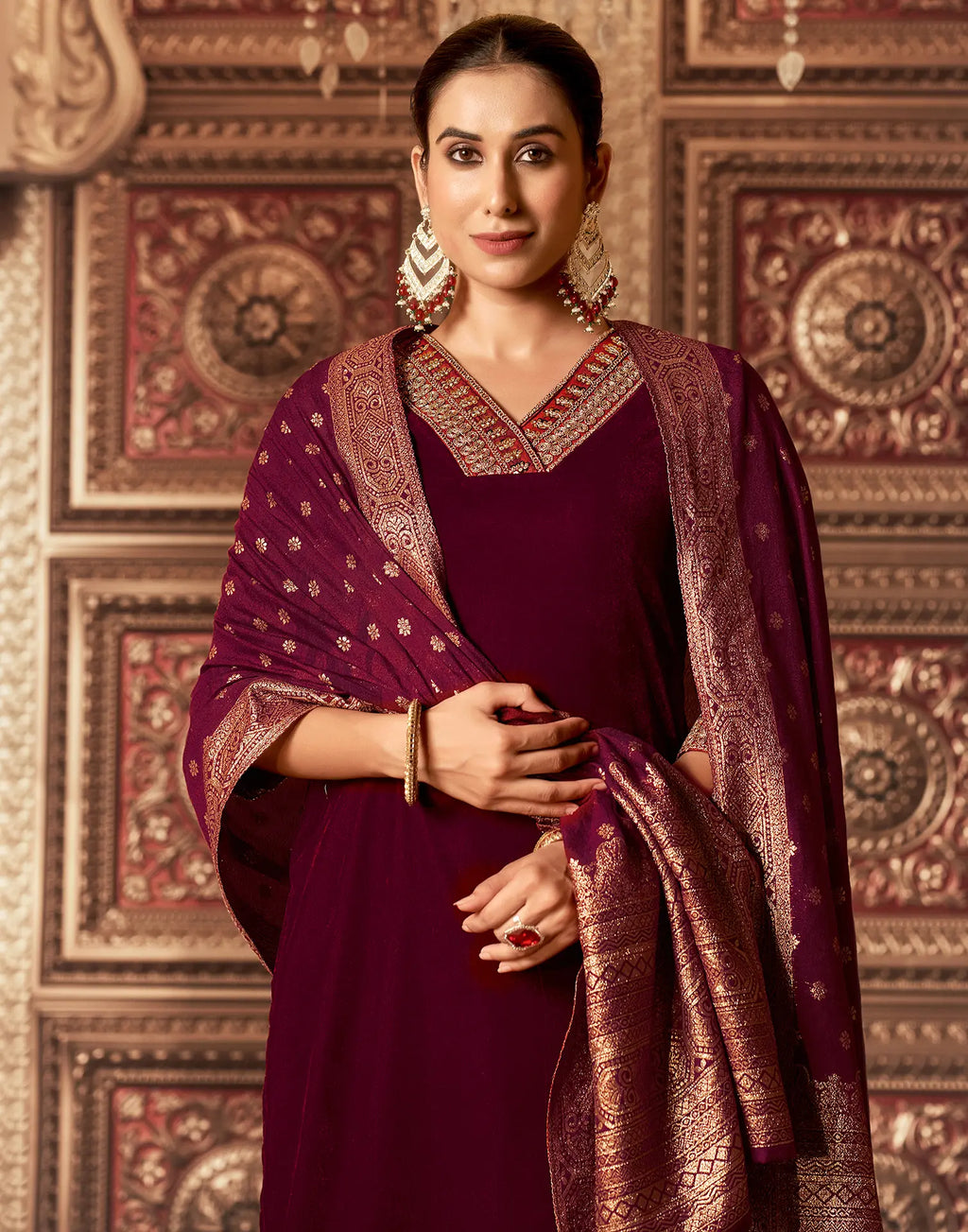 Velvet Embroidered Straight 3 Piece Kurta Set