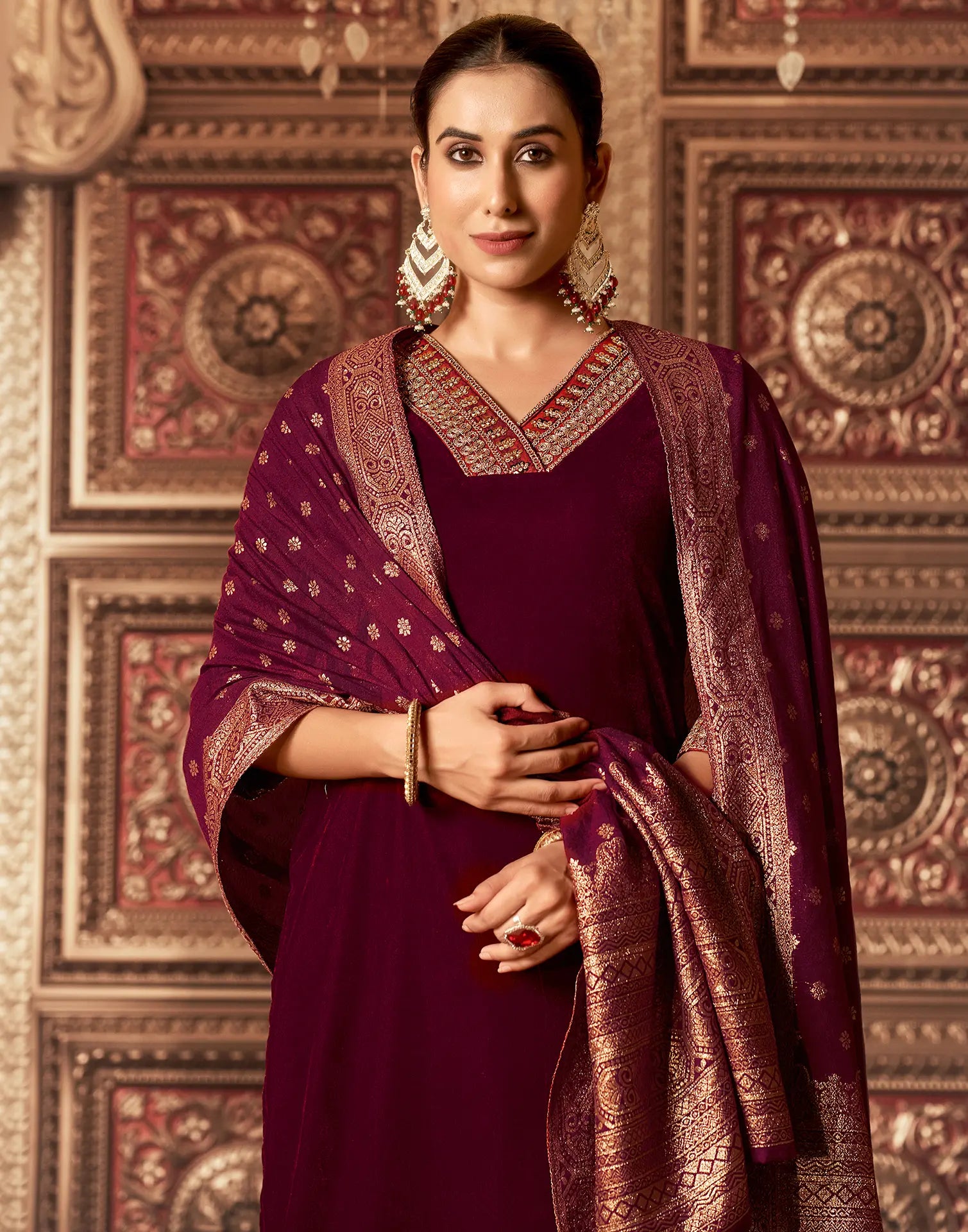 Velvet Embroidered Straight 3 Piece Kurta Set