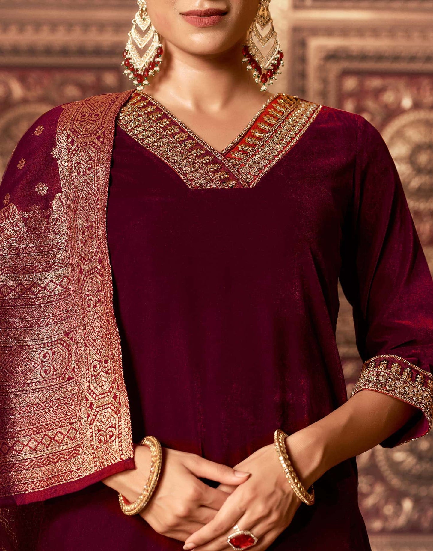 Velvet Dyed, Sequins, Embroidery and Lace Straight Kurta with Pant & Dupatta