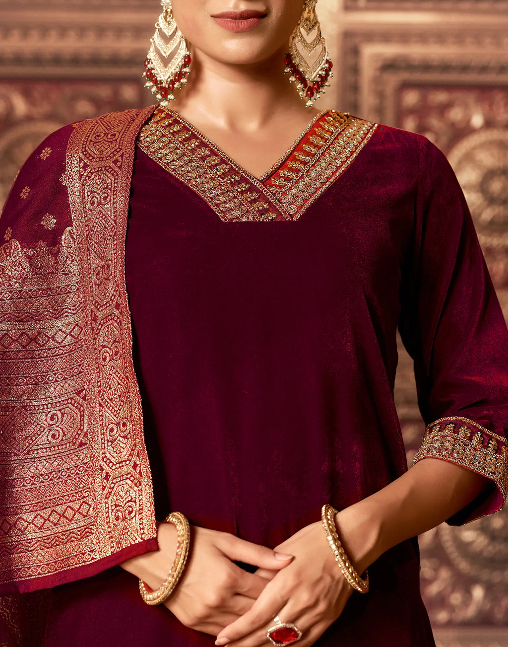 Velvet Embroidered Straight 3 Piece Kurta Set